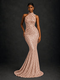Sparkly Sequin High Neck Mermaid Prom Dress