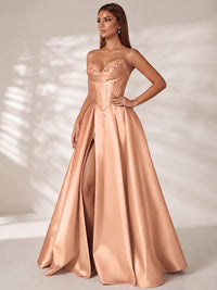 Strapless Corset Satin Prom Dress Long Evening Gown with High Slit