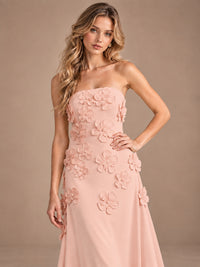 Yellow Strapless A-line Satin Maxi Dress with 3D Floral