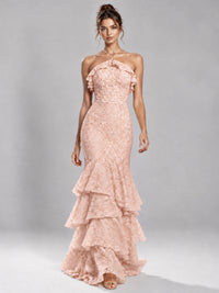 Halter Tiered Mermaid Prom Dress with Sparkly Lace