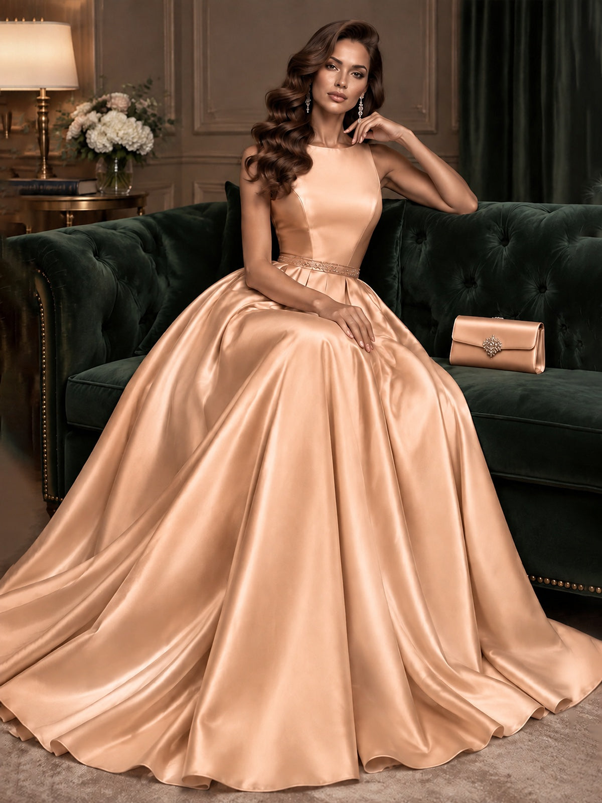 Satin A-Line Prom Dress Sleeveless Beaded Waist Formal Gown with Pockets