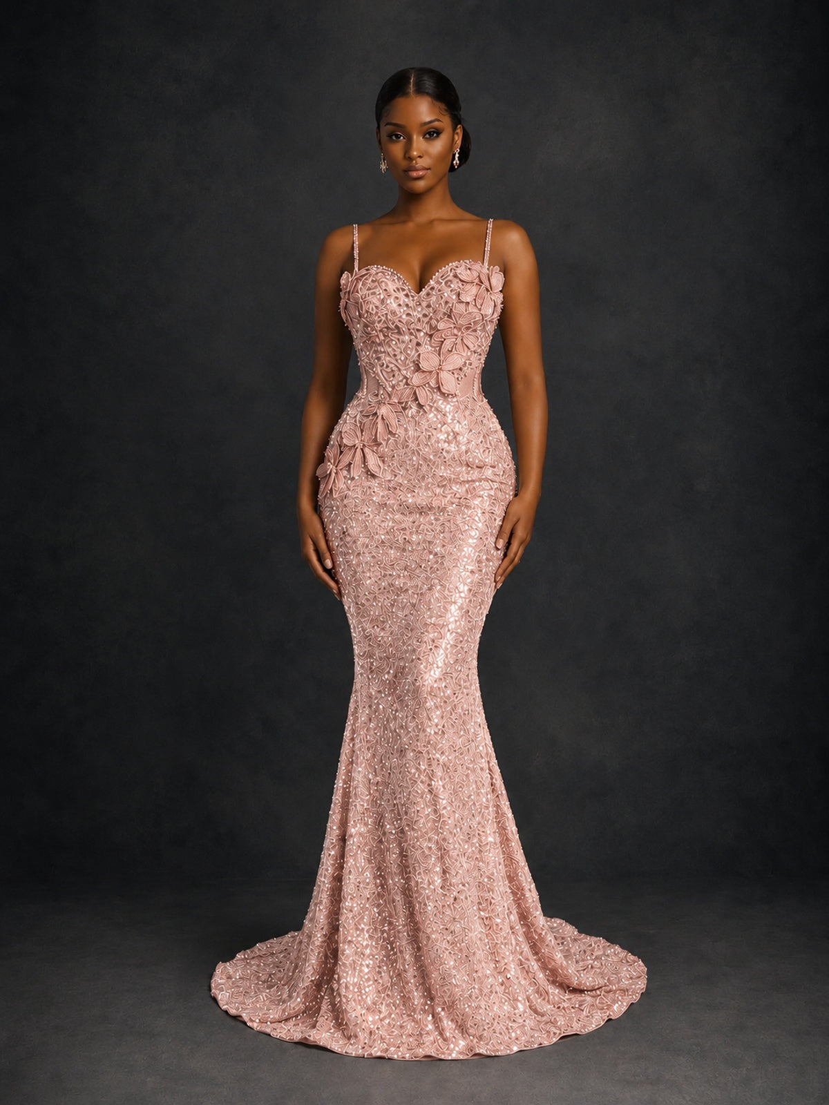 Sequin Mermaid Prom Dress with Floral Applique