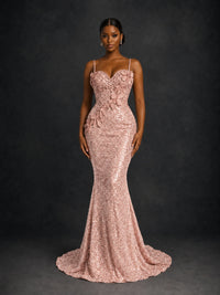 Sequin Mermaid Prom Dress with Floral Applique