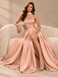 Strapless Prom Dress Side High Slit A-line Formal Dress with Scarf