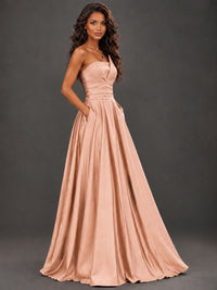 Draped Satin Prom Dress Strapless A-line Formal Dress Floor Length
