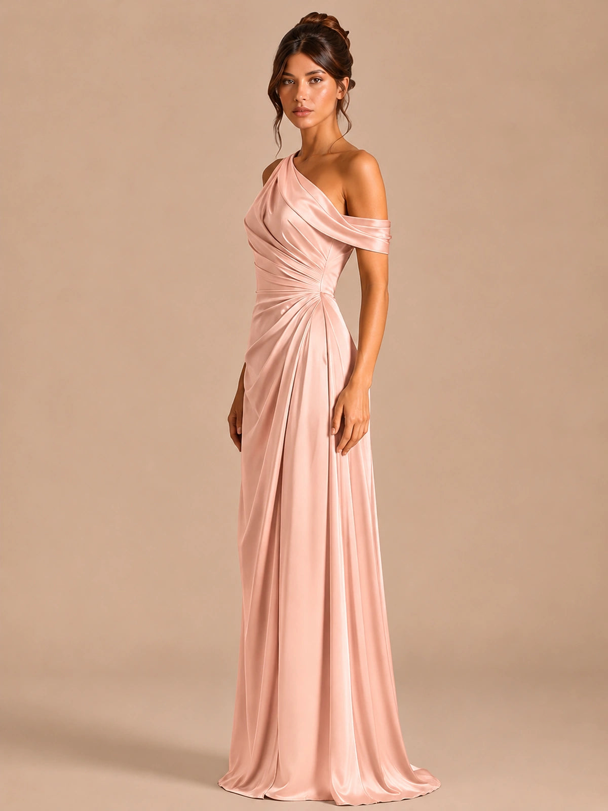 Satin One Shoulder Prom Dress Ruched Long Formal Evening Gown