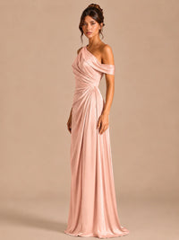 Satin One Shoulder Prom Dress Ruched Long Formal Evening Gown