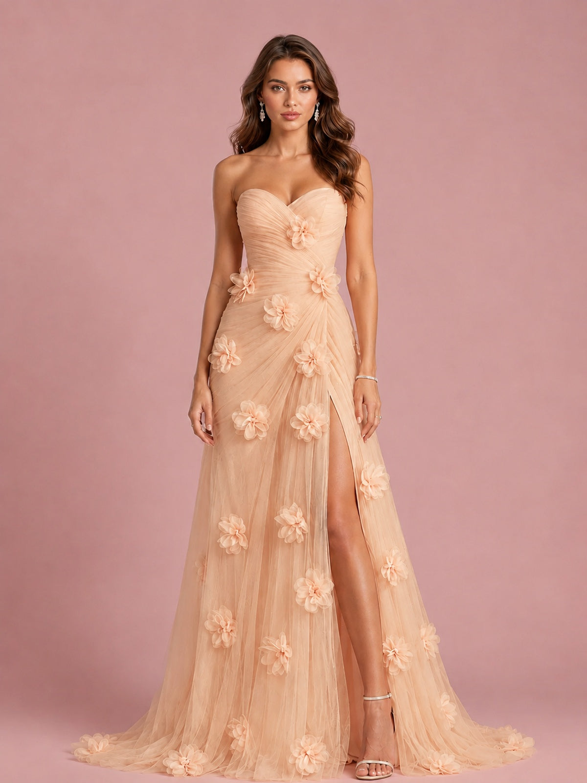 3D Floral Applique Strapless Tulle Prom Dress with High Slit