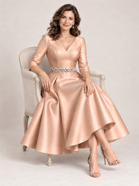 V-Neck Tea-Length Mother of the Bride Dress with Embellished Waist