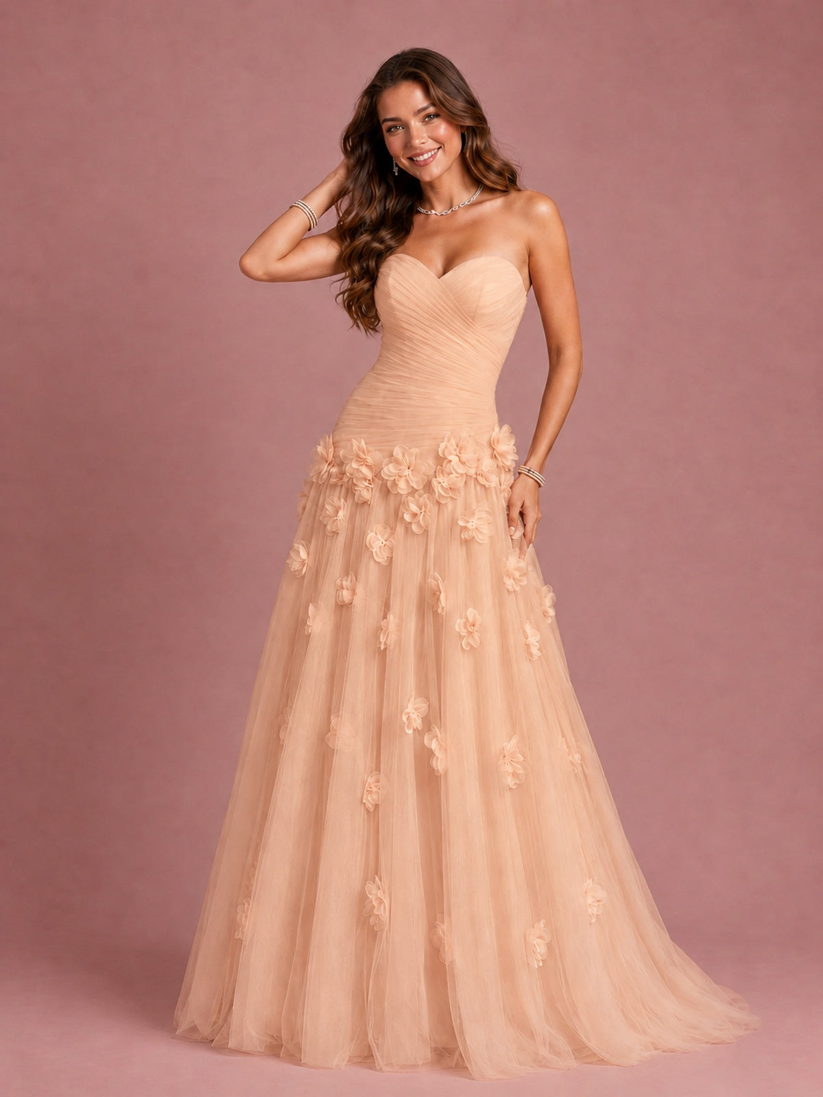 Blush Pink Strapless Sweetheart 3D Floral Tulle Ball Gown Prom Dres