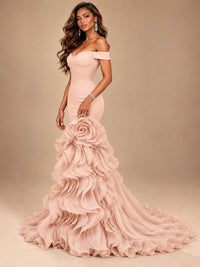 Dusty Blue Off-the-Shoulder Mermaid Prom Dress with 3D Rose & Ruffles