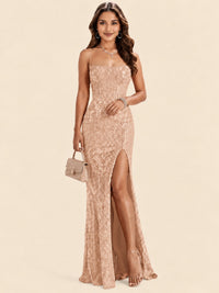 Sequin Lace Appliques Mermaid Prom Dress Spaghetti Strap Formal Gowns with Slit
