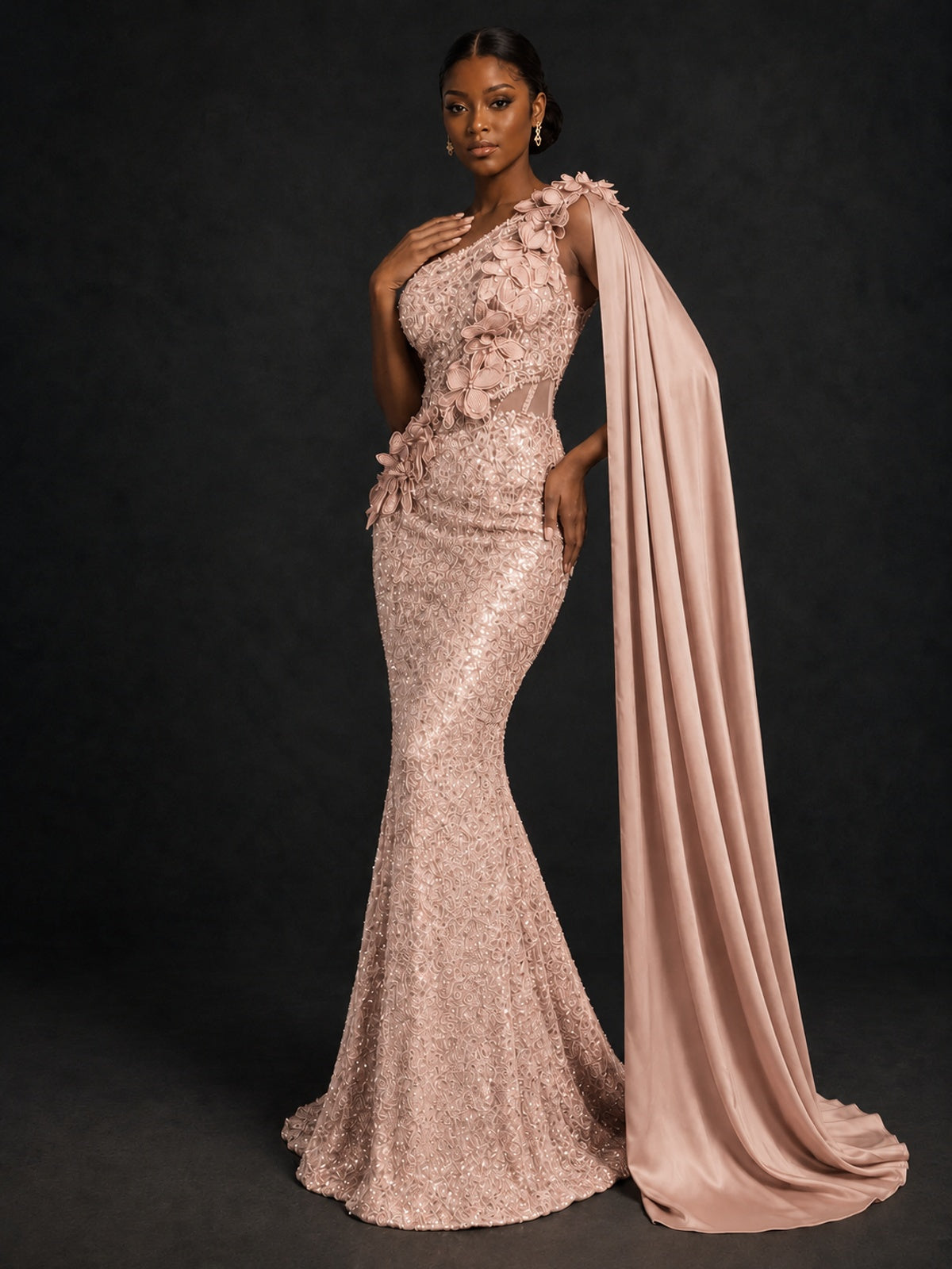 Gold Sequin One Shoulder Mermaid Prom Dress with Cape
