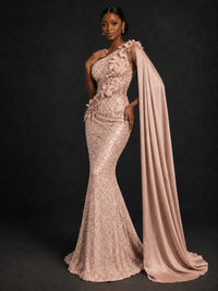 Gold Sequin One Shoulder Mermaid Prom Dress with Cape