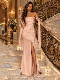 Off The Shuolder Satin Prom Dress Slit Mermaid Formal Gowns