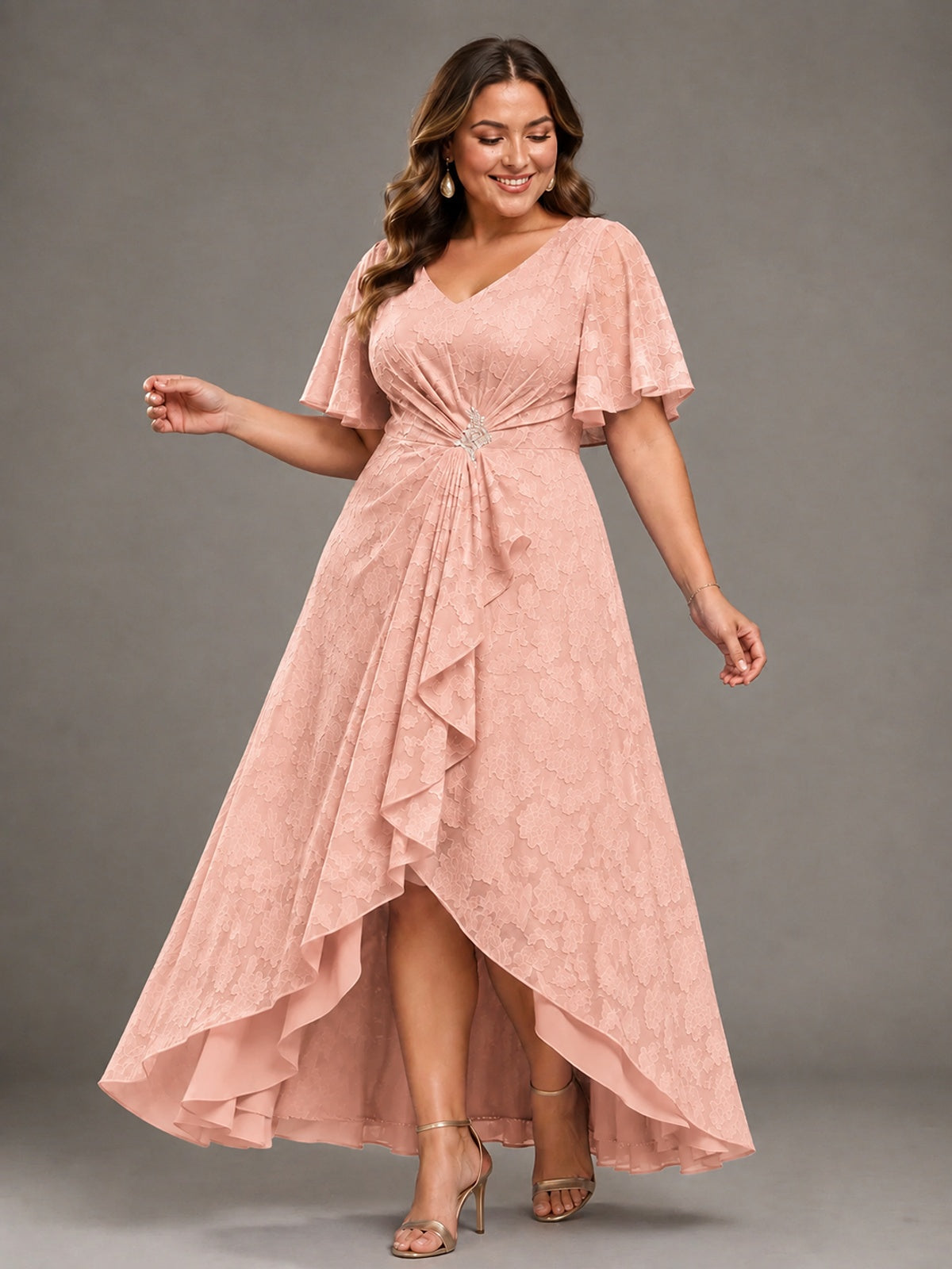 Jacquard Chiffon A-Line V-Neck High-Low Mother of the Bride Dress
