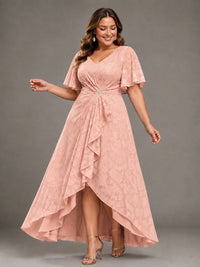 Jacquard Chiffon A-Line V-Neck High-Low Mother of the Bride Dress