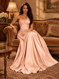 Draped Satin Prom Dress Strapless A-line Formal Dress Floor Length