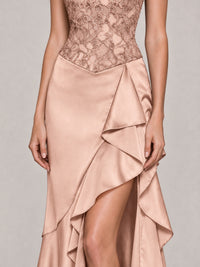 Strapless Lace Appliques Corset Satin Prom Dress Ruffle Slit Evening Gown