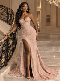 Beaded Sequin Prom Dress Strapless Formal Gowns with High Slit Train