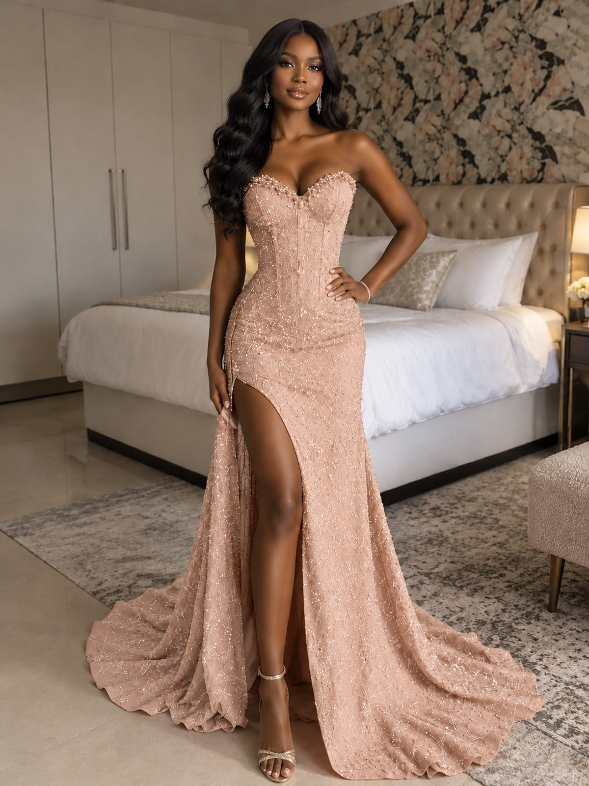 Beaded Sequin Prom Dress Strapless Formal Gowns with High Slit Train