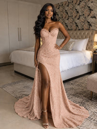 Beaded Sequin Prom Dress Strapless Formal Gowns with High Slit Train