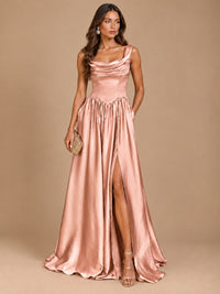 Cowl Neck Pleated Satin Prom Dress with Pockets & Slit Maxi Formal Gowns