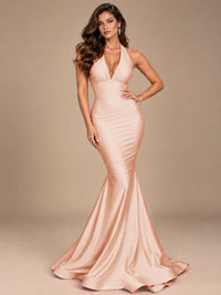 Pink Halter Deep V-Neck Ruched Mermaid Prom Dress