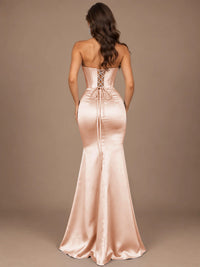 Dusty Blue Strapless Lace Corset Prom Dress with High Slit
