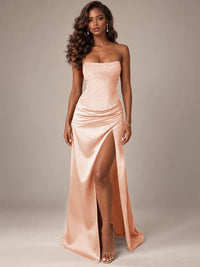 Burgundy Strapless Sparkly Corset Prom Dress with High Slit