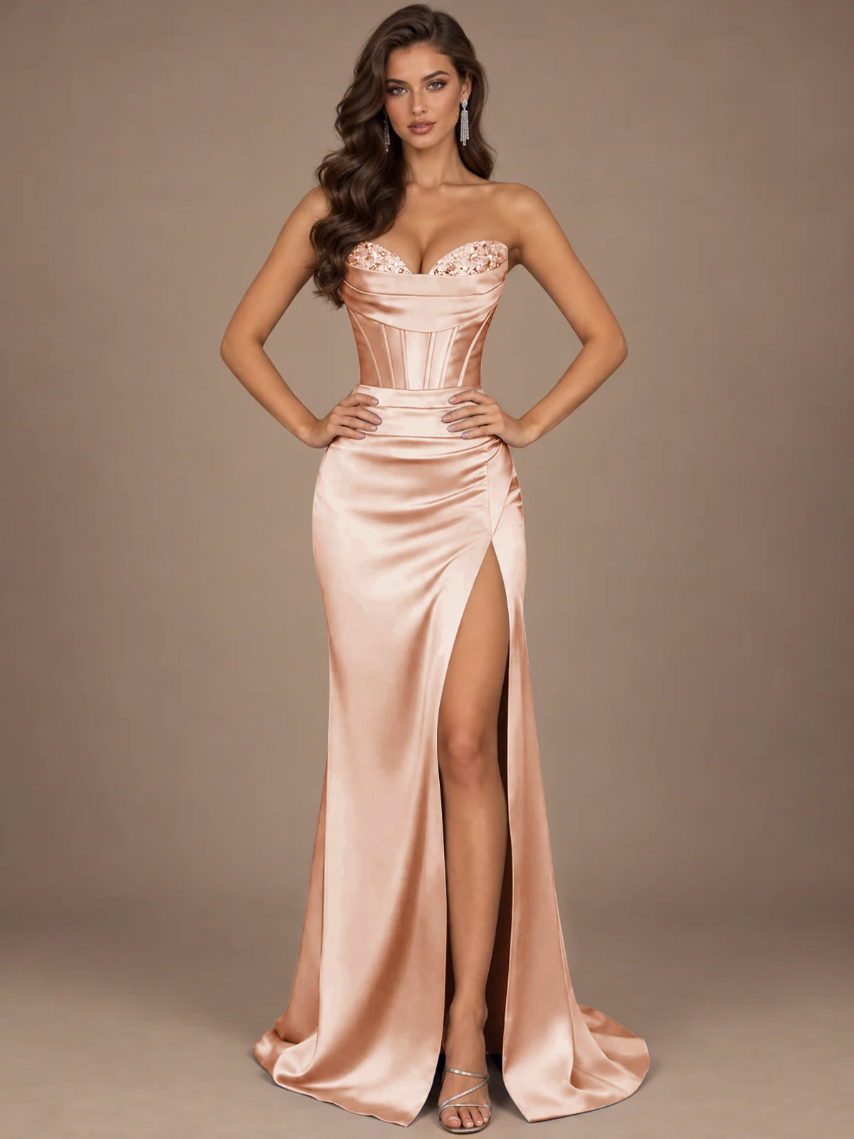 Dusty Blue Strapless Lace Corset Prom Dress with High Slit