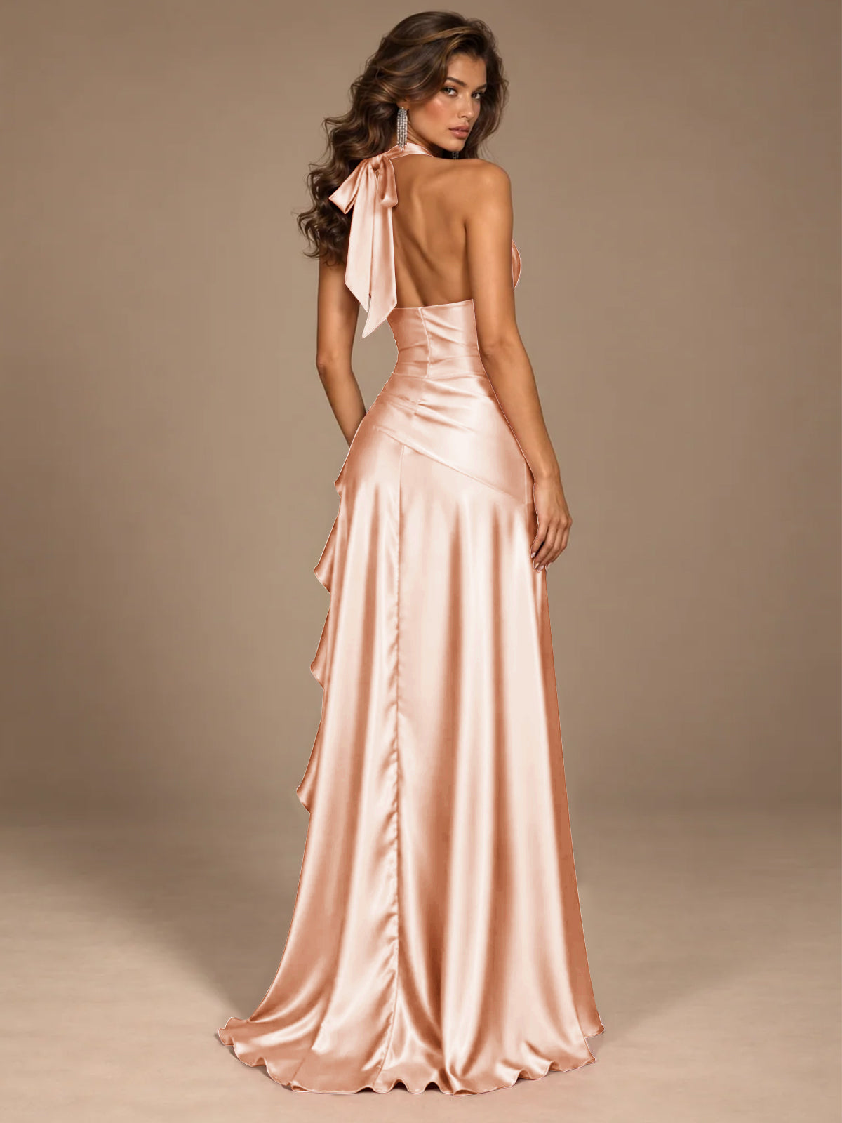 Burgundy Halter Deep V-Neck Ruched High Slit Ruffle Prom Dress