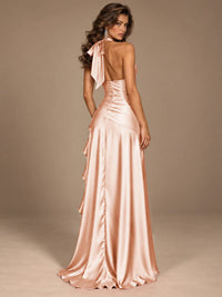 Burgundy Halter Deep V-Neck Ruched High Slit Ruffle Prom Dress