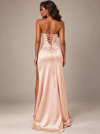Burgundy Strapless Sparkly Corset Prom Dress with High Slit