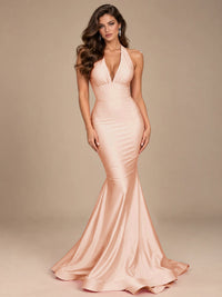 Pink Halter Deep V-Neck Ruched Mermaid Prom Dress