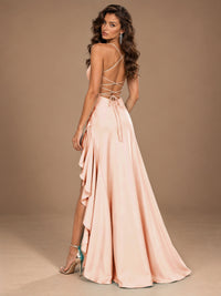 Burgundy Spaghetti Strap Ruched Prom Dress with Ruffled High Slit