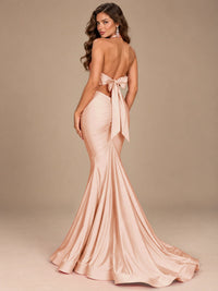 Pink Halter Deep V-Neck Ruched Mermaid Prom Dress