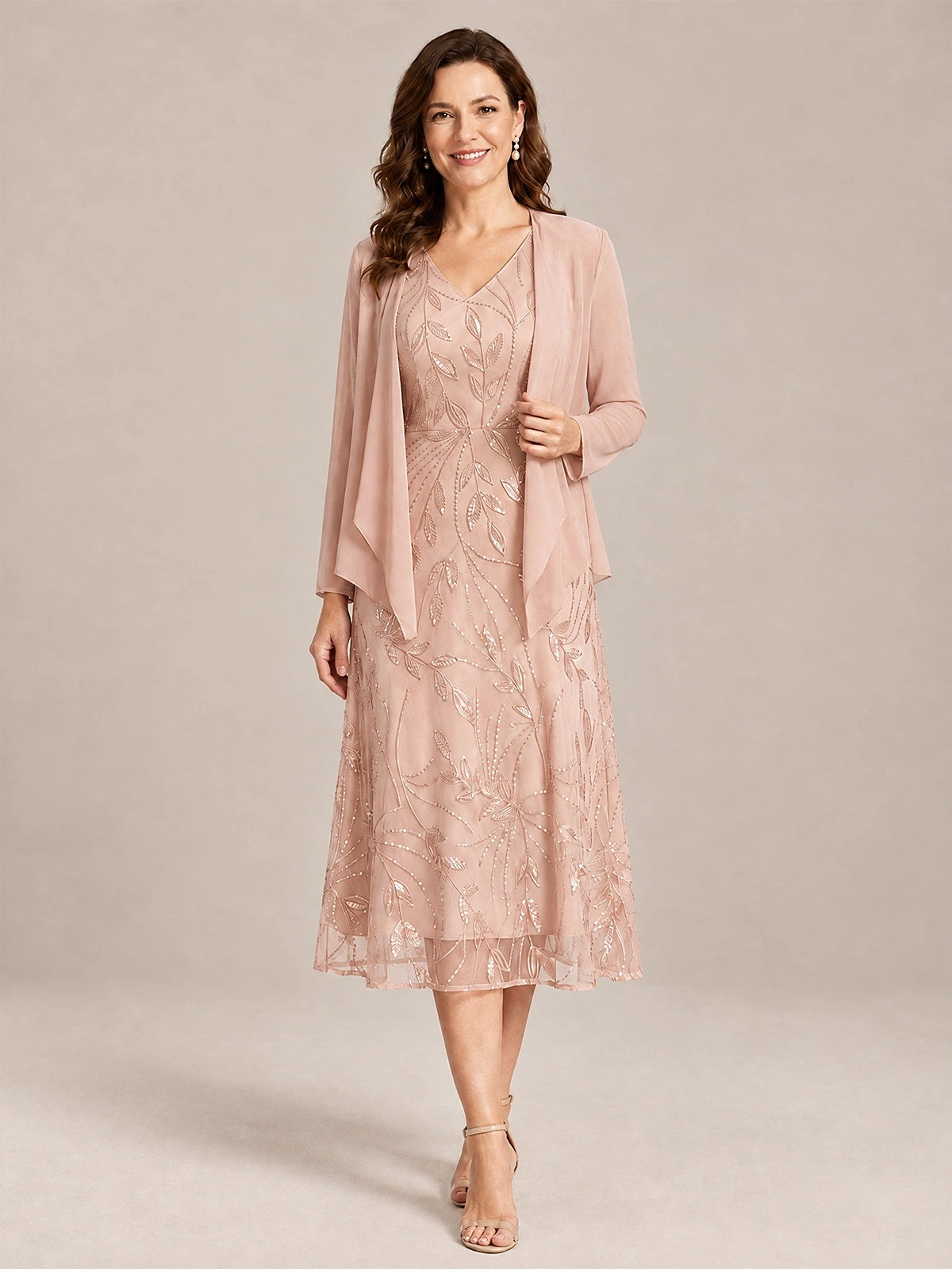 Rose Gold-2 Piece Lace Appliques Chiffon Mother of The Bride Dress with Sequin