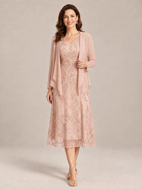 Rose Gold-2 Piece Lace Appliques Chiffon Mother of The Bride Dress with Sequin