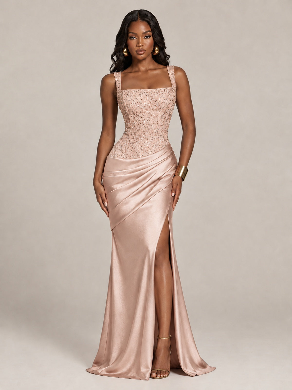 Scoop Neck Sequin Prom Dress with High Slit Satin Formal Gowns