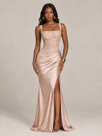 Scoop Neck Sequin Prom Dress with High Slit Satin Formal Gowns