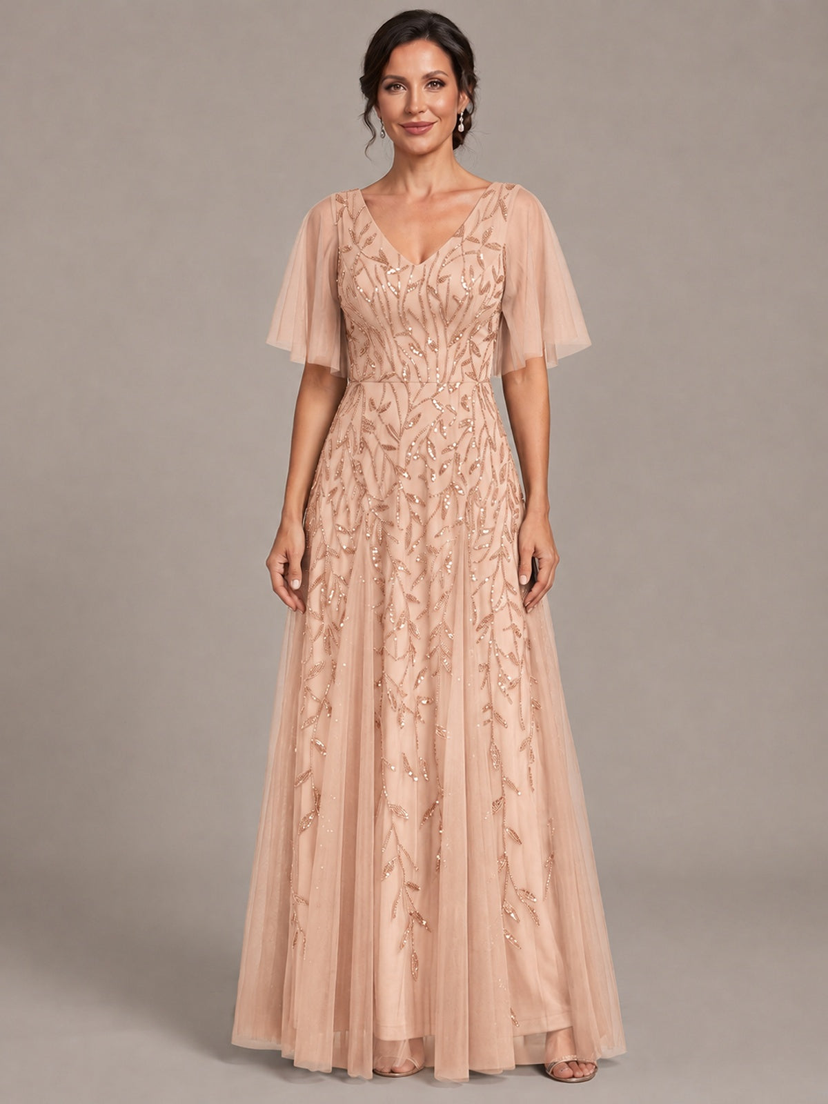 Rose Gold V-Neck Sequin Tulle Mother of the Bride Dress with Flutter Sleeve A-line Evening Formal Wedding Guest Dress