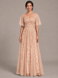 Rose Gold V-Neck Sequin Tulle Mother of the Bride Dress with Flutter Sleeve A-line Evening Formal Wedding Guest Dress
