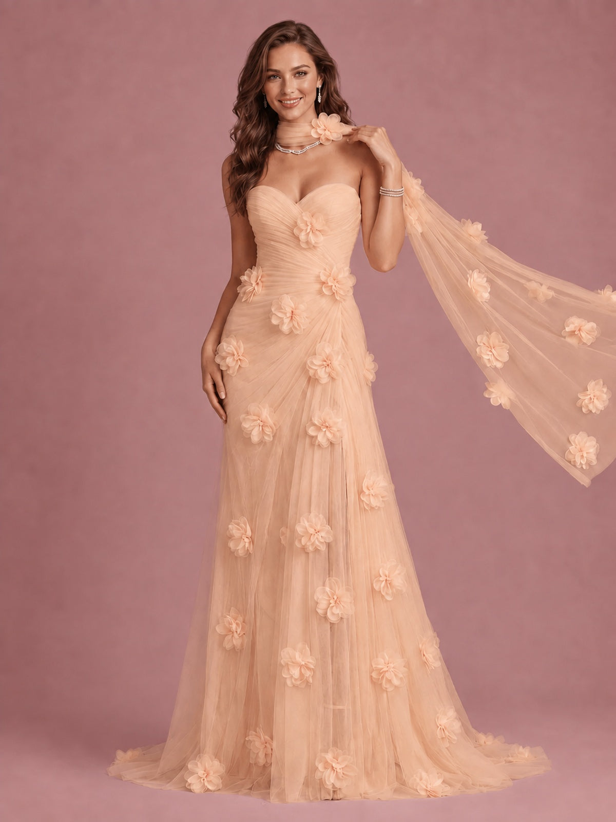 Blush Pink Strapless Sweetheart 3D Floral Tulle Mermaid Prom Dress