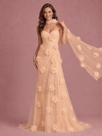 Blush Pink Strapless Sweetheart 3D Floral Tulle Mermaid Prom Dress