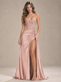 Mermaid Satin Prom Dress with Floral Appliqué Corset and High Slit