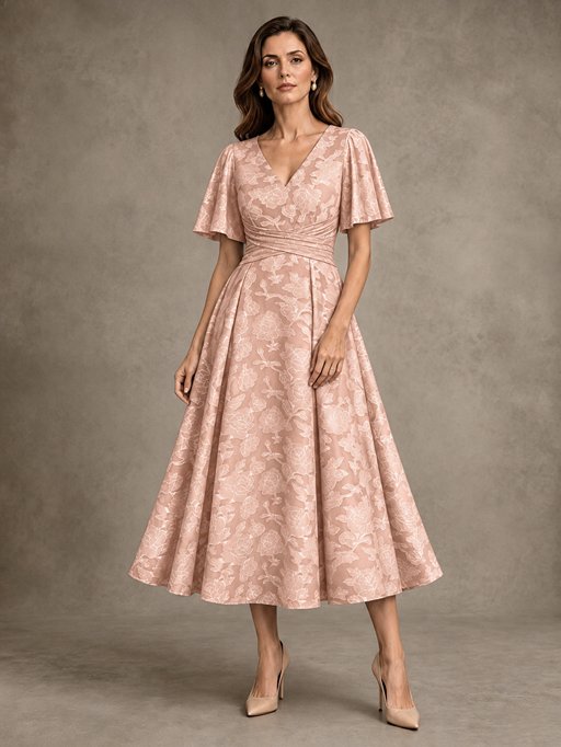 V-Neck Floral Jacquard Tea-Length Mother of the Bride Dress