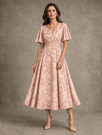 V-Neck Floral Jacquard Tea-Length Mother of the Bride Dress