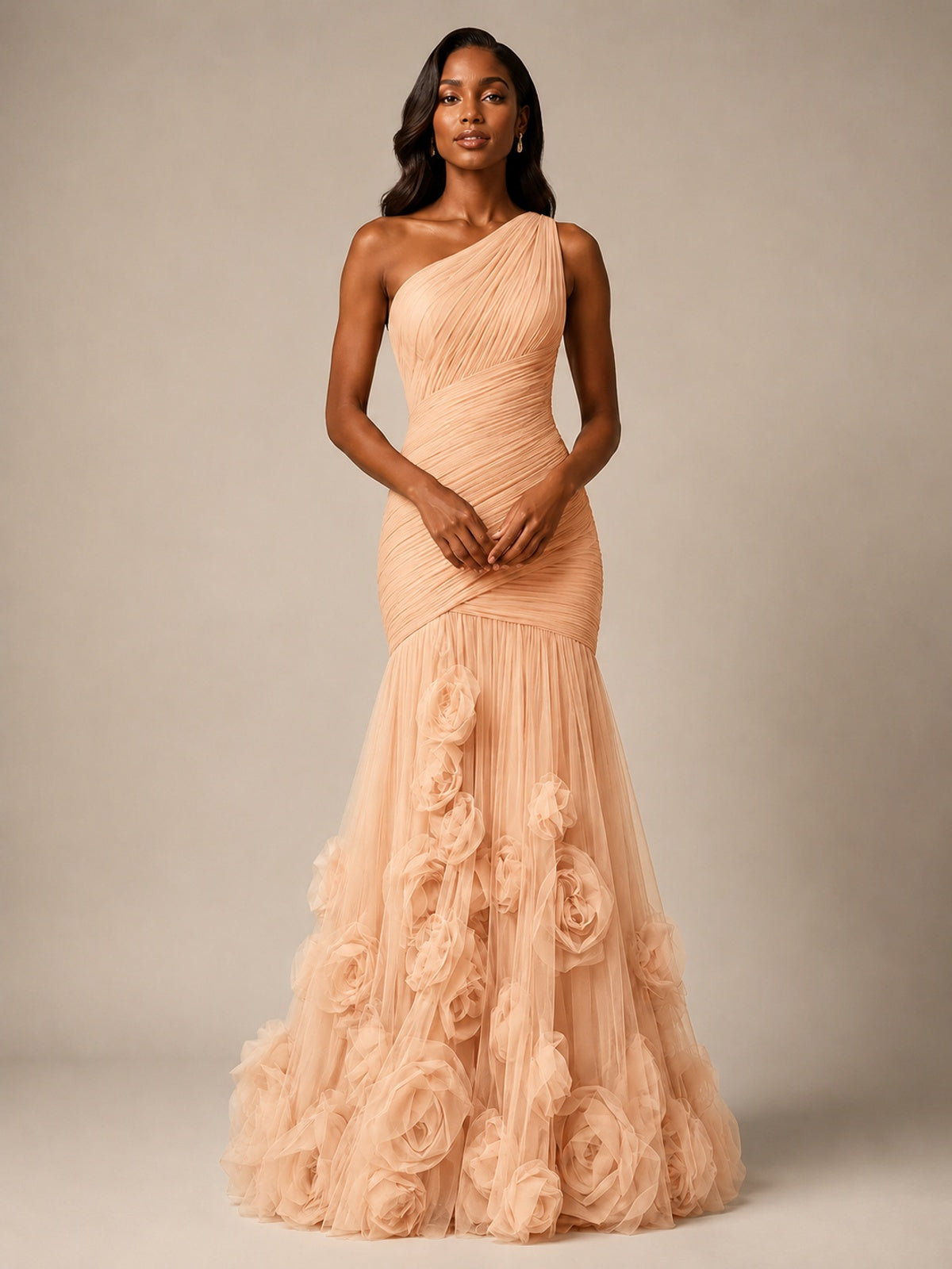 Blush Pink One Shoulder 3D Floral Mermaid Prom Dress