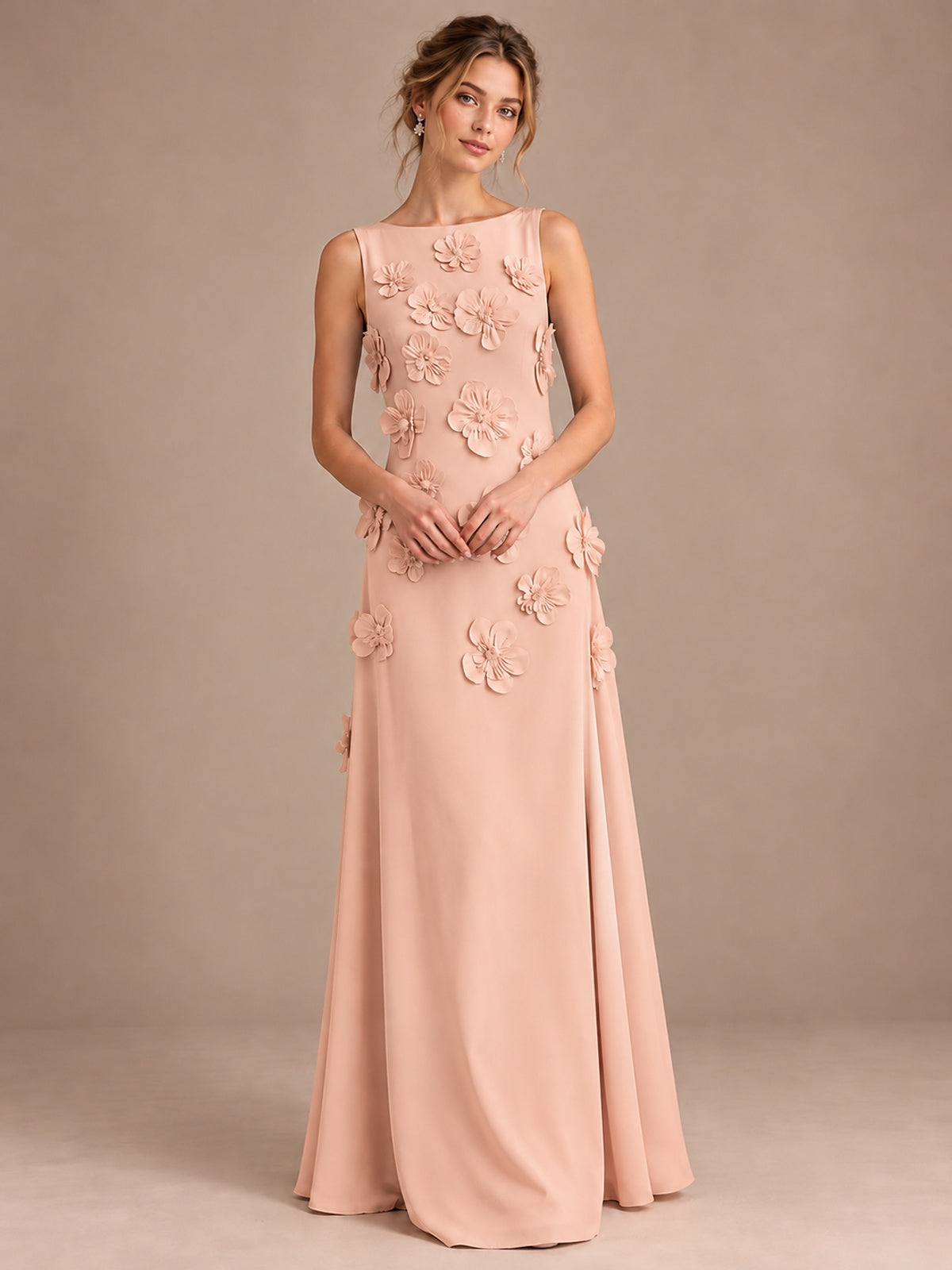 3D Floral Applique Sleeveless Formal Maxi Dress